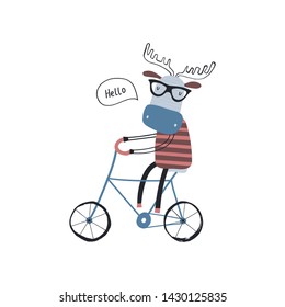Baby print card: Elk on a bicycle. Hand drawn graphic for typography poster, card, label, flyer, banner, baby wear, nursery.  Scandinavian style. Black and blue. Vector illustration