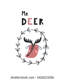Baby print card: Mr Deer. Hand drawn graphic for typography poster, card, label, flyer, banner, baby wear, nursery.  Scandinavian style. Black and blue. Vector illustration