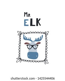 Baby print card: Mr Elk. Hand drawn graphic for typography poster, card, label, flyer, banner, baby wear, nursery.  Scandinavian style. Black and blue. Vector illustration