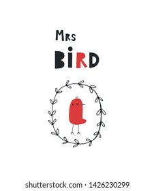 Baby print card: Mrs Bird. Hand drawn graphic for typography poster, card, label, flyer, banner, baby wear, nursery.  Scandinavian style. Black and red. Vector illustration