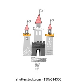 Baby print with castle. Hand drawn graphic for typography poster, card, label, flyer, page, banner, baby wear, nursery.  Scandinavian style. Black, pink, yellow. Vector illustration