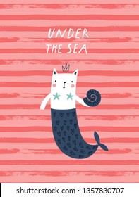 Baby print with cat-mermaid: Under the sea. Hand drawn graphic for poster, card, label, flyer, page, banner, baby wear, nursery.  Scandinavian style. Red, pink and blue. Vector illustration