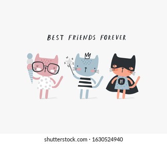 Baby print with cats: best friends forever. Hand drawn graphic for typography poster, card, flyer, page, banner, baby wear, nursery.  Scandinavian style. Pink, blue and gray. Vector illustration