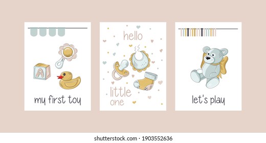 Baby print collection. Milestone cards set for newborn. Childish card or poster. Ideal for kids room decoration, clothing, prints, anniversary. All objects are separated. Vector illustration.