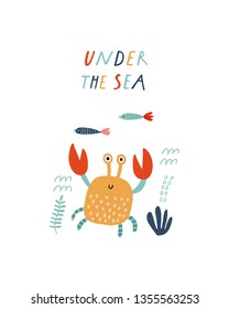 Baby print with crab: Hello ocean. Hand drawn graphic for poster, card, label, flyer, page, banner, baby wear, nursery.  Scandinavian style. Red, green and blue. Vector illustration