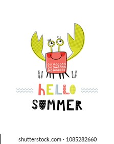 Baby print with crab: Hello summer. Hand drawn graphic for poster, card, label, flyer, page, banner, baby wear, nursery.  Scandinavian style. Black, orange and green. Vector illustration