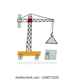 Baby print with a crane. Hand drawn graphic for typography poster, card, label, brochure, flyer, page, banner, baby wear, nursery.  Scandinavian style. Blue and yellow. Vector illustration
