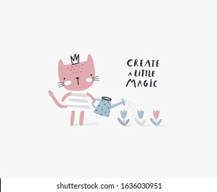 Baby print: Create a little magic. Hand drawn graphic for typography poster, card, label, brochure, flyer, page, banner, wear and nursery.  Scandinavian style. Vector illustration in black and blue.