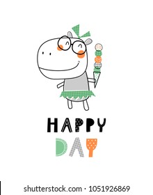 Baby print with cute hippo: Happy day. Hand drawn graphic for typography poster, card, label, flyer, page, banner, baby wear, nursery.  Scandinavian style. Black, orange, green. Vector illustration