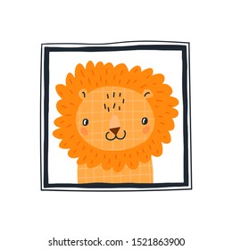 Baby print with a cute lion in the frame.Hand drawn vector illustration in Scandinavian style design for kids. The concept for children's textiles, postcards, baby shower, babywear, nursery.