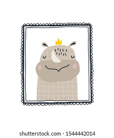 Baby print with a cute rhinoceros in the frame.Hand drawn vector illustration in Scandinavian style design for kids. The concept for children's textiles, postcards, baby shower, babywear, nursery.