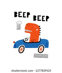 Baby print with Dino: Beep, beep. Hand drawn graphic for typography poster, card, label, flyer, page, banner, baby wear, nursery.  Scandinavian style. Vector illustration