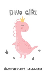 Baby print with Dino. Cute card, poster, template, greeting card, dinosaur. Scandinavian style. Vector illustrations.
