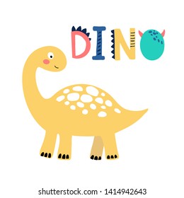 Baby print with Dino. Hand drawn graphic for typography poster, card, label, flyer, page, banner, baby wear, nursery. Scandinavian style.