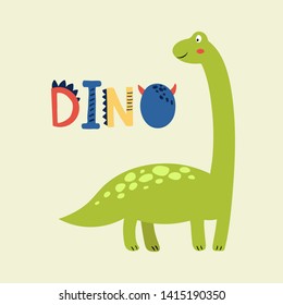 Baby print with Dino. Hand drawn graphic for typography poster, card, label, flyer, page, banner, baby wear, nursery. Scandinavian style.