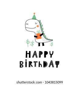 Baby print with Dino: happy birthday. Hand drawn graphic for typography poster, card, label, flyer, page, banner, baby wear, nursery.  Scandinavian style. Black, orange and green. Vector illustration
