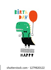 Baby print with Dino: Happy Birthday. Hand drawn graphic for typography poster, card, label, flyer, page, banner, baby wear, nursery.  Scandinavian style. Vector illustration