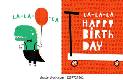 Baby print with Dino: Happy Birthday. Hand drawn graphic for typography poster, card, label, flyer, page, banner, baby wear, nursery.  Scandinavian style. Vector illustration