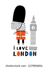 Baby print with Dino: I love London. Hand drawn graphic for typography poster, card, label, flyer, page, banner, baby wear, nursery.  Scandinavian style. Vector illustration