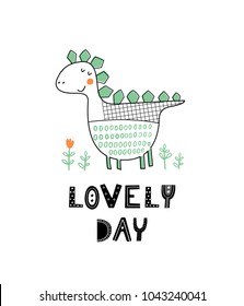 Baby print with Dino: Lovely day. Hand drawn graphic for typography poster, card, label, flyer, page, banner, baby wear, nursery.  Scandinavian style. Black, orange and green. Vector illustration