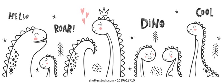 Baby print with Dino and phrase Dino Girl, Roar, Hello. Set of illustration for poster, nursery t-shirt, kids apparel. Scandinavian style. Vector illustrations