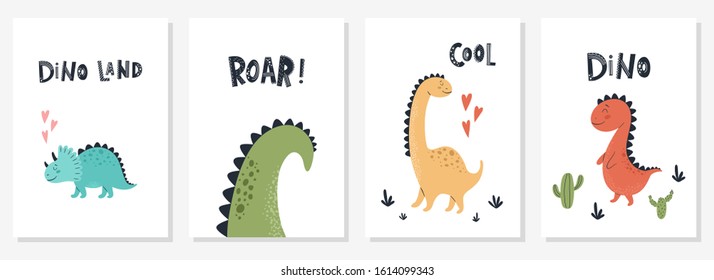 Impresión de bebé con Dino y frase Dino tierra, Roar, frío. Juego de adorables tarjetas, afiche, plantilla, tarjetas de felicitación, animales, dinosaurios.  Estilo escandinavo. Ilustraciones vectoriales