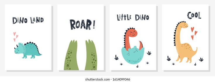 Baby print with Dino and phrase Dino land, Roar, Cool. Set of cute cards, poster, template, greeting cards, animals, dinosaurs. Scandinavian style. Vector illustrations