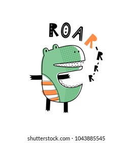 Baby print with Dino: Roar. Hand drawn graphic for typography poster, card, label, flyer, page, banner, baby wear, nursery.  Scandinavian style. Black, orange and green. Vector illustration