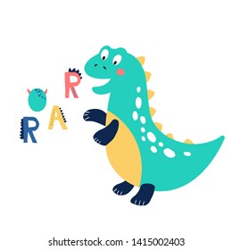 Baby print with Dino: Roar. Hand drawn graphic for typography poster, card, label, flyer, page, banner, baby wear, nursery. Scandinavian style.
