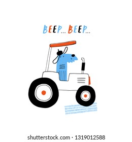 Baby print with a dog: Beep, beep. Hand drawn graphic for typography poster, card, label, brochure, flyer, page, banner, baby wear, nursery.  Scandinavian style. Blue and red. Vector illustration