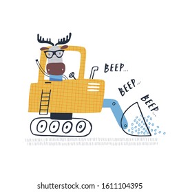 Baby print with an elk on a bulldozer: Beep, beep. Hand drawn graphic for typography poster, card, label, brochure, flyer, page, banner, baby wear, nursery.  Scandinavian style.  Vector illustration