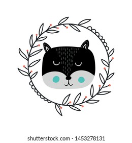 Baby print with fox. Hand drawn graphic for card, banner, baby wear, nursery. Scandinavian style, vector illustration.