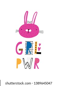 Baby print: Girl power. Hand drawn graphic for typography poster, card, label, brochure, flyer, page, banner, baby wear, nursery.  Scandinavian style. Blue, pink and yellow. Vector illustration