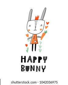 Baby print: Happy bunny. Hand drawn graphic for typography poster, card, label, flyer, page, banner, baby wear, nursery.  Scandinavian style. Black, orange and green. Vector illustration