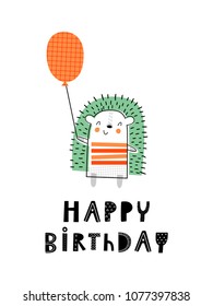 Baby print with hedgehog: Happy birthday. Hand drawn graphic for poster, card, label, flyer, page, banner, baby wear, nursery.  Scandinavian style. Black, orange and green. Vector illustration
