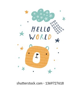 Baby print: Hello world. Hand drawn graphic for typography poster, card, label, brochure, flyer, page, banner, baby wear, nursery.  Scandinavian style. Yellow, green and blue. Vector illustration