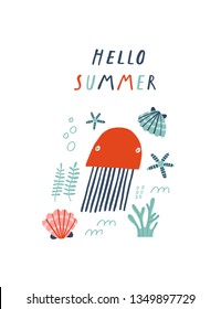 Baby print with jellyfish: Hello summer. Hand drawn graphic for typography poster, card, label, flyer, page, banner, baby wear, nursery.  Scandinavian style. Blue, red, yellow. Vector illustration