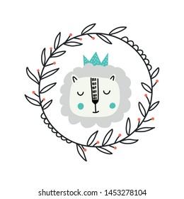 Baby print with lion with crown. Hand drawn graphic for card, banner, baby wear, nursery. Scandinavian style, vector illustration.
