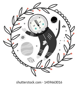 Baby print with lion in the space .Hand drawn vector illustration for poster, card, kid’s book, flyer, banner, nursery, kid’s room decoration.Scandinavian style.