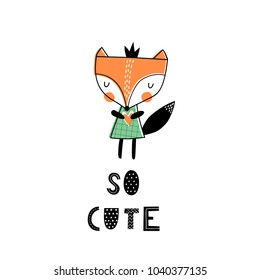 Baby print with little fox: So cute. Hand drawn graphic for typography poster, card, label, flyer, page, banner, baby wear, nursery.  Scandinavian style. Black, orange and green. Vector illustration