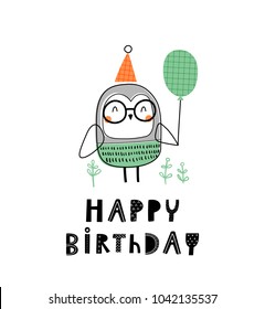 Baby print with little owl: Happy birthday. Hand drawn graphic for typography poster, card, label, flyer, page, banner, baby wear, nursery.  Scandinavian style. Black, orange and green. Vector 