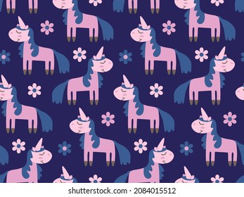 Baby print with magic pink unicorns. Pattern  cute cartoon pony and flowers of lilac color on dark background for girls. Seamless ornament with fairy animal for nursery design, charming fabrics, cover