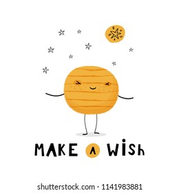 Baby print: Make a wish. Hand drawn graphic for typography poster, card, label, brochure, flyer, page, banner, baby wear, nursery.  Scandinavian style. Black, yellow. Vector illustration