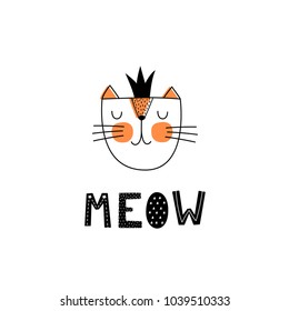 Baby print: Meow. Hand drawn graphic for typography poster, card, label, brochure, flyer, page, banner, baby wear, nursery.  Scandinavian style. Black and orange. Vector illustration