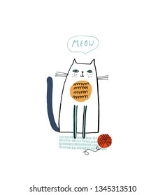 Baby print: Meow. Hand drawn graphic for typography poster, card, label, brochure, flyer, page, banner, baby wear, nursery.  Scandinavian style. Vector illustration