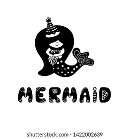 Baby print with mermaid: mermaid . Hand drawn graphic for typography poster, card, label, flyer, page, banner, baby wear, nursery. Scandinavian style. Black and white. Vector illustration