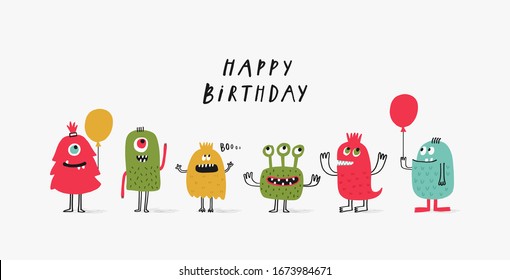 Baby print with monsters and balloons: Happy Birthday. Hand drawn graphic for typography poster, card, label, flyer, page, banner, baby wear, nursery.  Scandinavian style. Vector illustration.