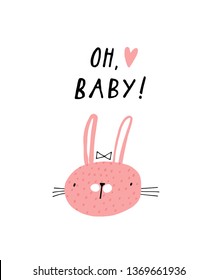 Baby print: Oh, baby! Hand drawn graphic for typography poster, card, label, flyer, page, banner, baby wear, nursery.  Scandinavian style. Black, white and pink. Vector illustration