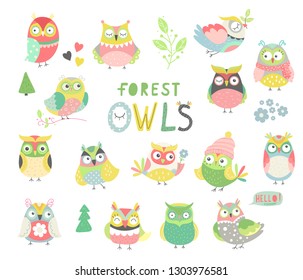 Baby print owl. Owls set.Owl with hand drawn elements. Vector illustration.