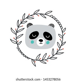 Baby print with panda. Hand drawn graphic for card, banner, baby wear, nursery. Scandinavian style, vector illustration.